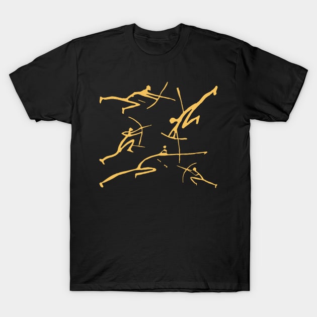 Golden Bowmen Minimalist Paleolithic Cave Art Bow Fight T-Shirt by pelagio